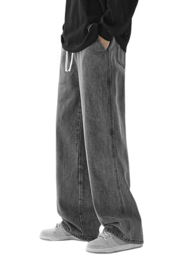 shownicer Jeanshosen Herren Hose mit Weitem Bein Jeans Casual Straight Leg Jeanshose Denim Hosen Baggy Jeans Hip Hop Jeans Vintage Y2K Streetwear Teenager Jungen Skateboard Hose A Grau L von shownicer