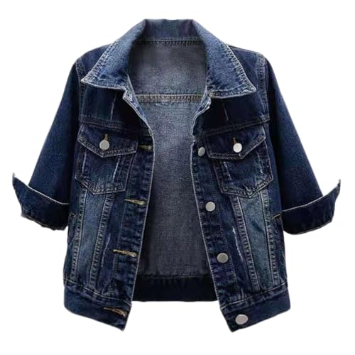 shownicer Jeansjacke Damen 3/4-Arm Kurze Denim Jacke Frühlingsjacke Vintage Oversize Übergangsjacke Mit Knöpfen Streetwear A Dunkelblau S von shownicer