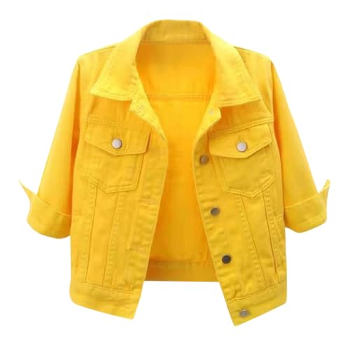 shownicer Jeansjacke Damen 3/4-Arm Kurze Denim Jacke Frühlingsjacke Vintage Oversize Übergangsjacke Mit Knöpfen Streetwear A Gelb XL von shownicer