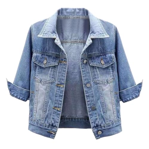 shownicer Jeansjacke Damen 3/4-Arm Kurze Denim Jacke Frühlingsjacke Vintage Oversize Übergangsjacke Mit Knöpfen Streetwear A Hellblau XL von shownicer