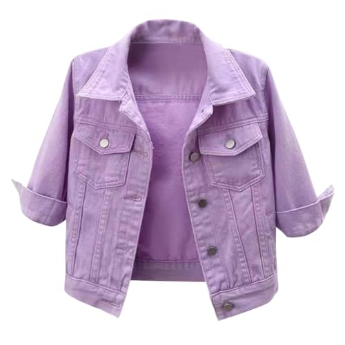 shownicer Jeansjacke Damen 3/4-Arm Kurze Denim Jacke Frühlingsjacke Vintage Oversize Übergangsjacke Mit Knöpfen Streetwear A Violett 3XL von shownicer