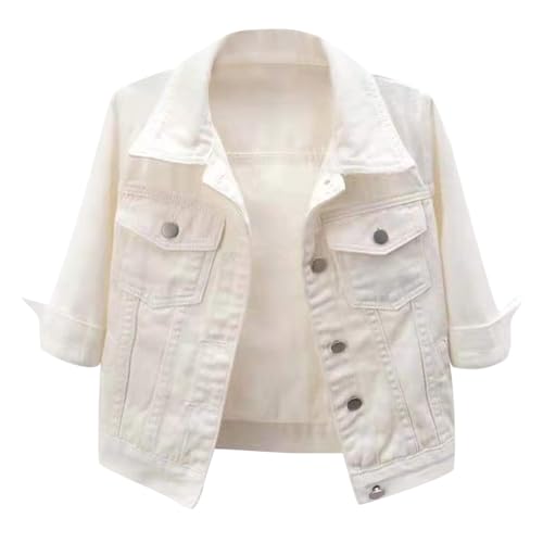shownicer Jeansjacke Damen 3/4-Arm Kurze Denim Jacke Frühlingsjacke Vintage Oversize Übergangsjacke Mit Knöpfen Streetwear A Weiß 3XL von shownicer