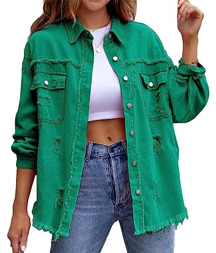 shownicer Jeansjacke Damen Jeans Jacke Langarm Vintage Jean Mantel Einfarbig Denim Jacken Kurze Jeansjacke Leichte Jacken Mantel Outwear Vintage Streetwear A Grün XL von shownicer