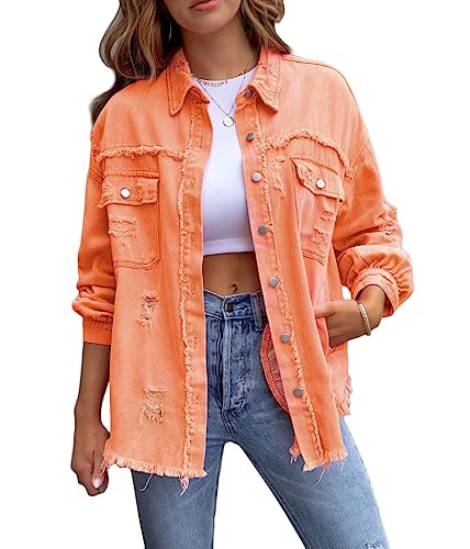 shownicer Jeansjacke Damen Jeans Jacke Langarm Vintage Jean Mantel Einfarbig Denim Jacken Kurze Jeansjacke Leichte Jacken Mantel Outwear Vintage Streetwear A Orange XXL von shownicer