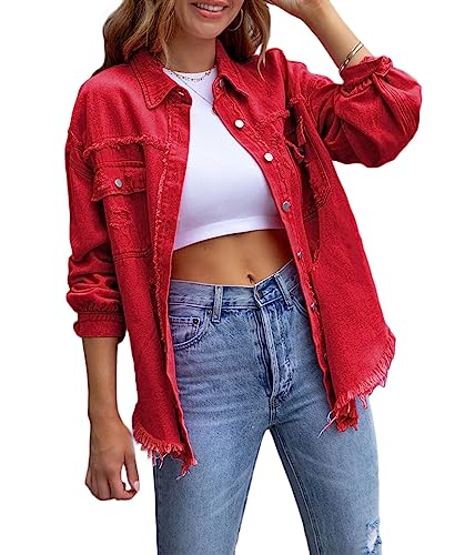 shownicer Jeansjacke Damen Jeans Jacke Langarm Vintage Jean Mantel Einfarbig Denim Jacken Kurze Jeansjacke Leichte Jacken Mantel Outwear Vintage Streetwear A Rot S von shownicer