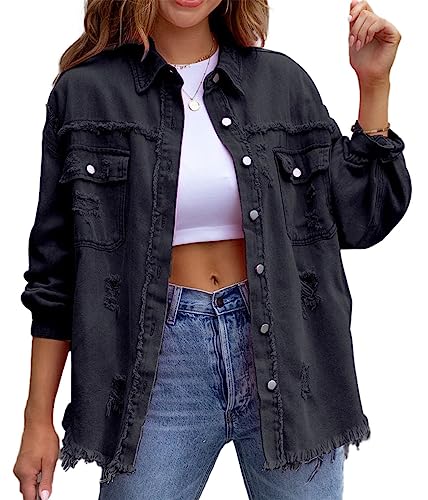 shownicer Jeansjacke Damen Jeans Jacke Langarm Vintage Jean Mantel Einfarbig Denim Jacken Kurze Jeansjacke Leichte Jacken Mantel Outwear Vintage Streetwear A Schwarz M von shownicer