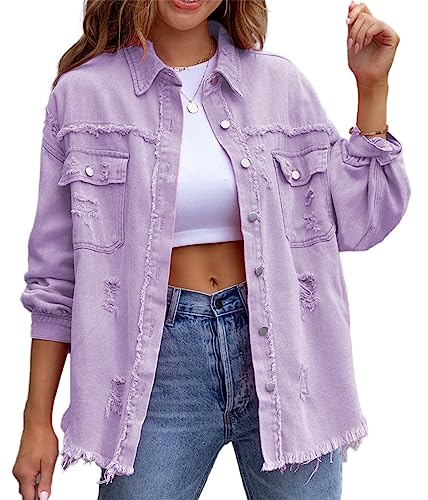 shownicer Jeansjacke Damen Jeans Jacke Langarm Vintage Jean Mantel Einfarbig Denim Jacken Kurze Jeansjacke Leichte Jacken Mantel Outwear Vintage Streetwear A Violett XL von shownicer