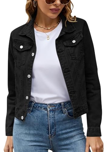 shownicer Jeansjacke Damen Kurz Lässig Einfarbig Denim Reverskragen Jacket mit Knöpfen Stretch Jacke Langarm Revers Leichte Jeans Jacket Coat A Schwarz XS von shownicer