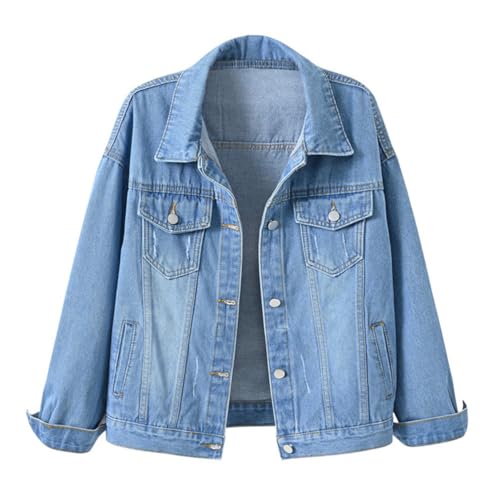 shownicer Jeansjacke Damen Langarm Denim Jacken Mit Tasche Frühling Herbst Übergangsjacke A Hellblau 3XL von shownicer