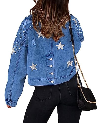 shownicer Jeansjacke Damen Oversize Jeans Jacke Langarm Einfarbig Knopf Kurze Jeansjacke mit Taschen Leichte Jacken FashionVintage Streetwear A Blau XL von shownicer