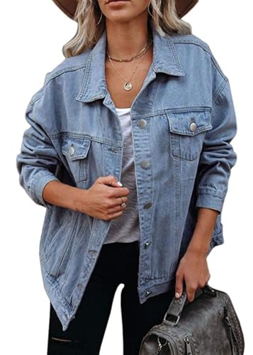 shownicer Jeansjacke Damen Oversize Langarm Denim Jacke Lang Button Down Casual Hemdjacke Mit Tasche C Hellblau L von shownicer