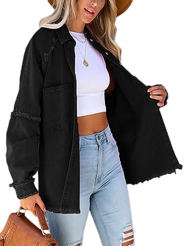 shownicer Jeansjacke Damen Übergangsjacke Leichte Denim Jacke Langarm Destroyed Denim Shirt Boyfriend Casual Lose Mode Coat Streetwear mit Taschen B Schwarz XL von shownicer