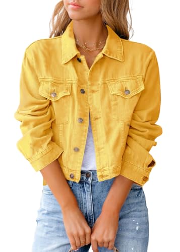 shownicer Jeansjacke Damen Übergangsjacke Leichte Herbst Winter Denim Jacke Langarm Revers Destroyed Denim Jacken A Gelb M von shownicer