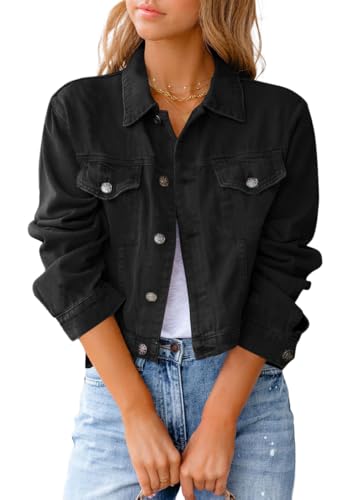 shownicer Jeansjacke Damen Übergangsjacke Leichte Herbst Winter Denim Jacke Langarm Revers Destroyed Denim Jacken A Schwarz XS von shownicer