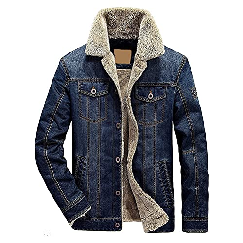 shownicer Jeansjacke Herren Übergangsjacke Gefüttert Trucker Jacket Sherpa Jacke mit Fell Teddyfell Jeans Denim Jacket Freizeitjacke Vintage Retro Classic Streetwear Winterjacke B Dunkelblau XL von shownicer