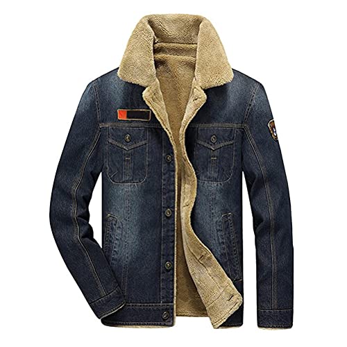 shownicer Jeansjacke Herren Übergangsjacke Gefüttert Trucker Jacket Sherpa Jacke mit Fell Teddyfell Jeans Denim Jacket Freizeitjacke Vintage Retro Classic Streetwear Winterjacke C Dunkelblau L von shownicer