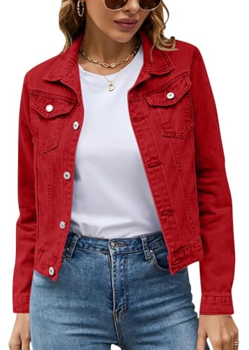 shownicer Jeansjacke Kurze jacke Denim Jean Mantel Outwear Lange Ärmel Damen Jeansjacke mit Knöpfen Winter Herbst jacke mit Tasche A Rot M von shownicer
