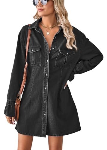 shownicer Jeanskleid Damen Langarm Blusenkleid Hemdkleid V-Ausschnitt Shirtkleid Baumwolle Jeanshemd Kleid Button Down Freizeitkleid Casual Kleider Loose Denim Shirt Kleid B Schwarz M von shownicer