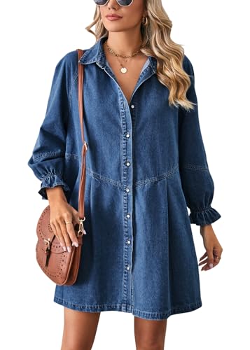 shownicer Jeanskleid Damen Langarm Blusenkleid Hemdkleid V-Ausschnitt Shirtkleid Baumwolle Jeanshemd Kleid Button Down Freizeitkleid Casual Kleider Loose Denim Shirt Kleid C Dunkelblau XL von shownicer