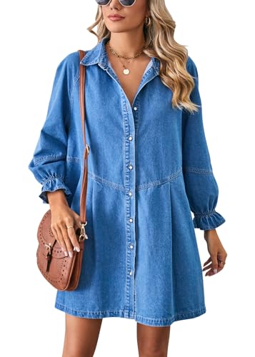 shownicer Jeanskleid Damen Langarm Blusenkleid Hemdkleid V-Ausschnitt Shirtkleid Baumwolle Jeanshemd Kleid Button Down Freizeitkleid Casual Kleider Loose Denim Shirt Kleid C Hellblau S von shownicer
