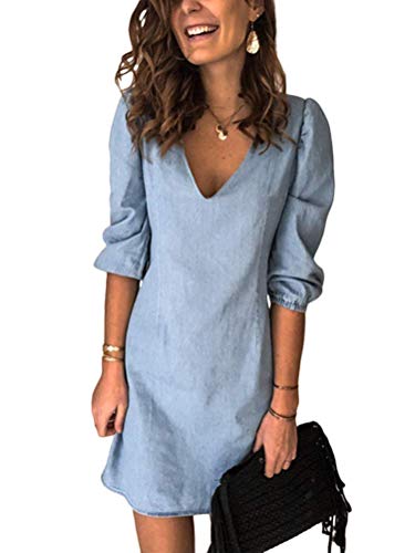shownicer Jeanskleid Sommerkleid Damen Jeans Kleider Rundhals Kurzarm Volant Kleid Partykleid Tunika A-Linie Knielang Kleid Denimkleid Blusenkleid B Blau S von shownicer