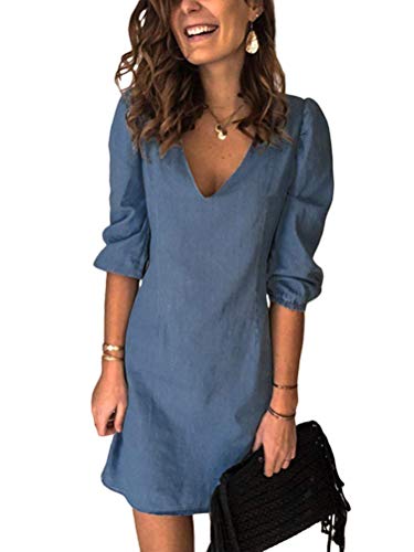 shownicer Jeanskleid Sommerkleid Damen Jeans Kleider Rundhals Kurzarm Volant Kleid Partykleid Tunika A-Linie Knielang Kleid Denimkleid Blusenkleid B Dunkelblau S von shownicer