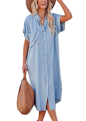 shownicer Jeanskleider Damen Denimkleid Sommerkleid V-Ausschnitt Kurzarm Strandkleider Einfarbig Lose Tunika Hemd Blusenkleid Jeanskleid Maxi Kleid Jeans Kleider D Hellblau XXL von shownicer