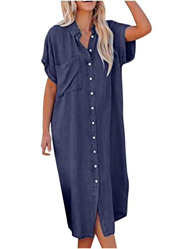 shownicer Jeanskleider Damen Denimkleid Sommerkleid V-Ausschnitt Kurzarm Strandkleider Einfarbig Lose Tunika Hemd Blusenkleid Jeanskleid Maxi Kleid Jeans Kleider D Marine XL von shownicer