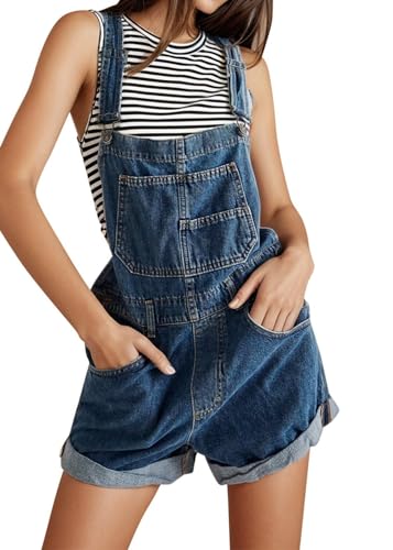 shownicer Jeanslatzhose Damen Latzhose Jeans Kurz Hose Denim Overall Jumpsuit Playsuit Jeans Vintage Loose Fit Hoseanzug Romper A Dunkelblau XXL von shownicer