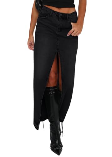 shownicer Jeansrock Damen Sommerrock High Waist Lang Jeansrock Y2K Skirt mit Schlitz Denim Freizeitrock Reißverschluss Stretch C Schwarz M von shownicer