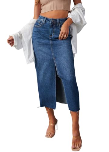 shownicer Jeansrock Damen Sommerrock High Waist Lang Jeansrock Y2K Skirt mit Vorderem Schlitz Denim Freizeitrock Reißverschluss Stretch A Blau L von shownicer