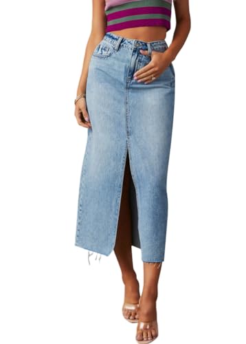 shownicer Jeansrock Damen Sommerrock High Waist Lang Jeansrock Y2K Skirt mit Vorderem Schlitz Denim Freizeitrock Reißverschluss Stretch A Hellblau XS von shownicer