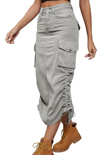 shownicer Jeansrock Damen Vintage Knopfdekor Seitenschlitz Midirock Midi Röcke mit Taschen High Waist Jeansrock mit Schlitz A Hellgrau XL von shownicer