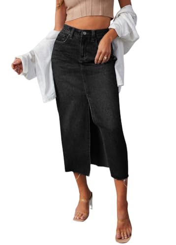 shownicer Jeansrock Damen Vintage Seitenschlitz Midirock Midi RöckeHigh Waist Jeansrock mit Schlitz Röcke A Schwarz XXL von shownicer