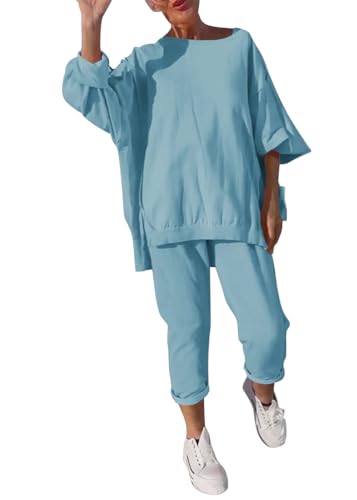 shownicer Jogginganzug Damen Zweiteiler Trainingsanzug Langarm Tops Und Hose Freizeitanzug 2 Teiler Hausanzug Sportanzug Einfarbig Lounge Set A Blau XXL von shownicer
