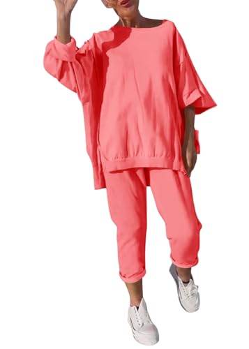 shownicer Jogginganzug Damen Zweiteiler Trainingsanzug Langarm Tops Und Hose Freizeitanzug 2 Teiler Hausanzug Sportanzug Einfarbig Lounge Set A Rosa XXL von shownicer