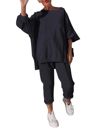 shownicer Jogginganzug Damen Zweiteiler Trainingsanzug Langarm Tops Und Hose Freizeitanzug 2 Teiler Hausanzug Sportanzug Einfarbig Lounge Set A Schwarz 3XL von shownicer