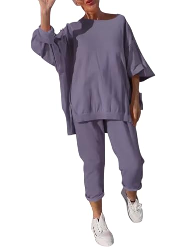 shownicer Jogginganzug Damen Zweiteiler Trainingsanzug Langarm Tops Und Hose Freizeitanzug 2 Teiler Hausanzug Sportanzug Einfarbig Lounge Set A Violett XXL von shownicer