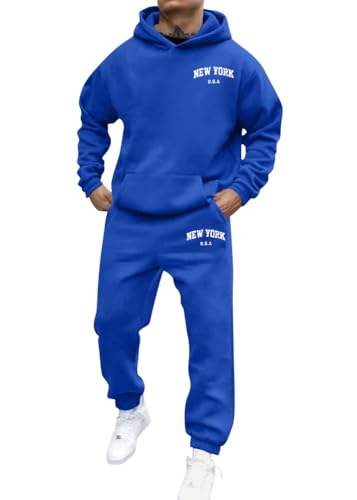 shownicer Jogginganzug Herren Sportbekleidung Warm Trainingsanzug Set Langarm Druck Sportanzug Sport Outfit Zweiteiler Hausanzug 2-Teilig Tracksuit Bequem Fitnessanzug A Blau L von shownicer