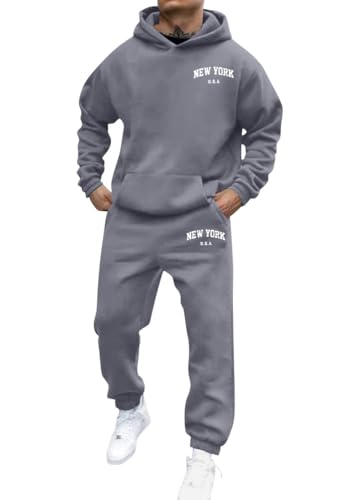shownicer Jogginganzug Herren Sportbekleidung Warm Trainingsanzug Set Langarm Druck Sportanzug Sport Outfit Zweiteiler Hausanzug 2-Teilig Tracksuit Bequem Fitnessanzug A Dunkelgrau M von shownicer