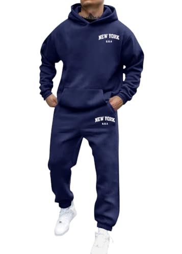 shownicer Jogginganzug Herren Sportbekleidung Warm Trainingsanzug Set Langarm Druck Sportanzug Sport Outfit Zweiteiler Hausanzug 2-Teilig Tracksuit Bequem Fitnessanzug A Marine XXL von shownicer