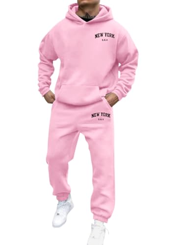 shownicer Jogginganzug Herren Sportbekleidung Warm Trainingsanzug Set Langarm Druck Sportanzug Sport Outfit Zweiteiler Hausanzug 2-Teilig Tracksuit Bequem Fitnessanzug A Rosa S von shownicer