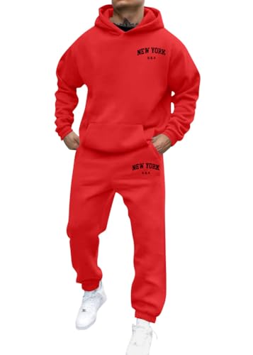 shownicer Jogginganzug Herren Sportbekleidung Warm Trainingsanzug Set Langarm Druck Sportanzug Sport Outfit Zweiteiler Hausanzug 2-Teilig Tracksuit Bequem Fitnessanzug A Rot XXL von shownicer