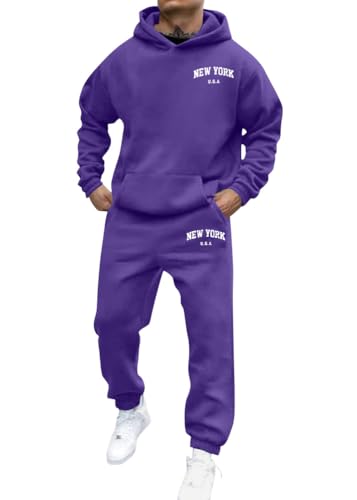 shownicer Jogginganzug Herren Sportbekleidung Warm Trainingsanzug Set Langarm Druck Sportanzug Sport Outfit Zweiteiler Hausanzug 2-Teilig Tracksuit Bequem Fitnessanzug A Violett XL von shownicer