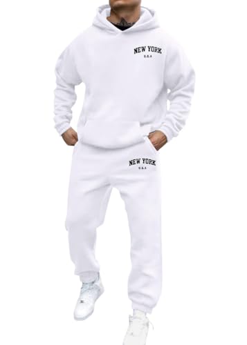 shownicer Jogginganzug Herren Sportbekleidung Warm Trainingsanzug Set Langarm Druck Sportanzug Sport Outfit Zweiteiler Hausanzug 2-Teilig Tracksuit Bequem Fitnessanzug A Weiß XXL von shownicer