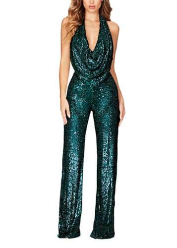 shownicer Jumpsuit Damen Blumen Spitze V-Ausschnitt Ärmelloser Jumpsuit Langarm Overall Cocktail Party Festlich Hosenanzug Playsuit Romper A Grün M von shownicer