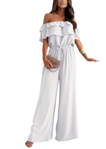 shownicer Jumpsuit Damen Elegant Kurzarm Playsuit V-Ausschnitt Casual Lose Overalls Lang Romper Mit Gürtel A Weiß M von shownicer