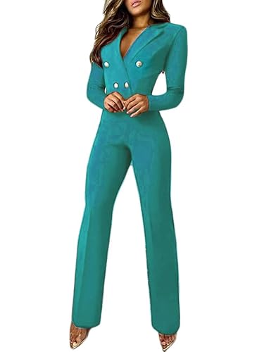 shownicer Jumpsuit Damen Elegant V-Ausschnitt Hohe Taille Overall Langarm Einteiler Lang Hosenanzug Playsuit Jogginganzug Romper Einfarbig Spielanzug (L, A Grün) von shownicer