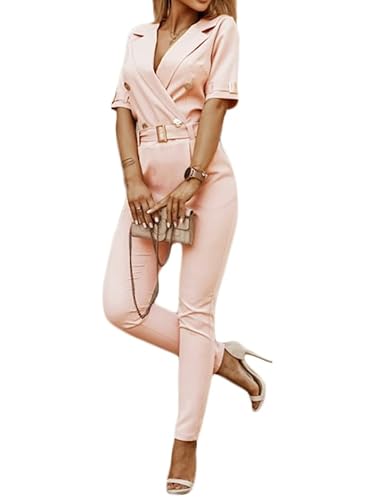 shownicer Jumpsuit Damen Elegant V-Ausschnitt Hohe Taille Overall Langarm Einteiler Lang Hosenanzug Playsuit Jogginganzug Romper Einfarbig Spielanzug (S, B Rosa) von shownicer