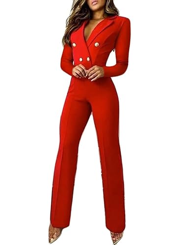 shownicer Jumpsuit Damen Elegant V-Ausschnitt Hohe Taille Overall Langarm Einteiler Lang Hosenanzug Playsuit Jogginganzug Romper Einfarbig Spielanzug (XL, A Rot) von shownicer